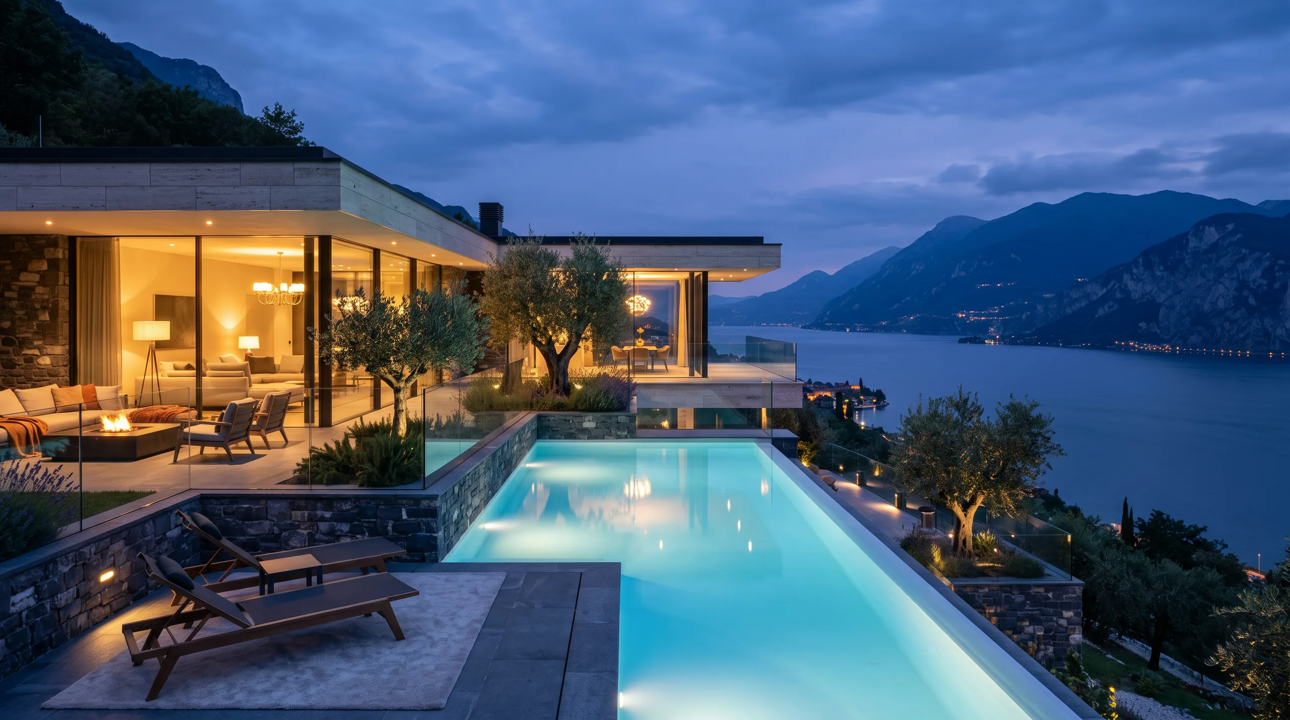 Terrazza con piscina affacciata sul Lago di Garda al crepuscolo