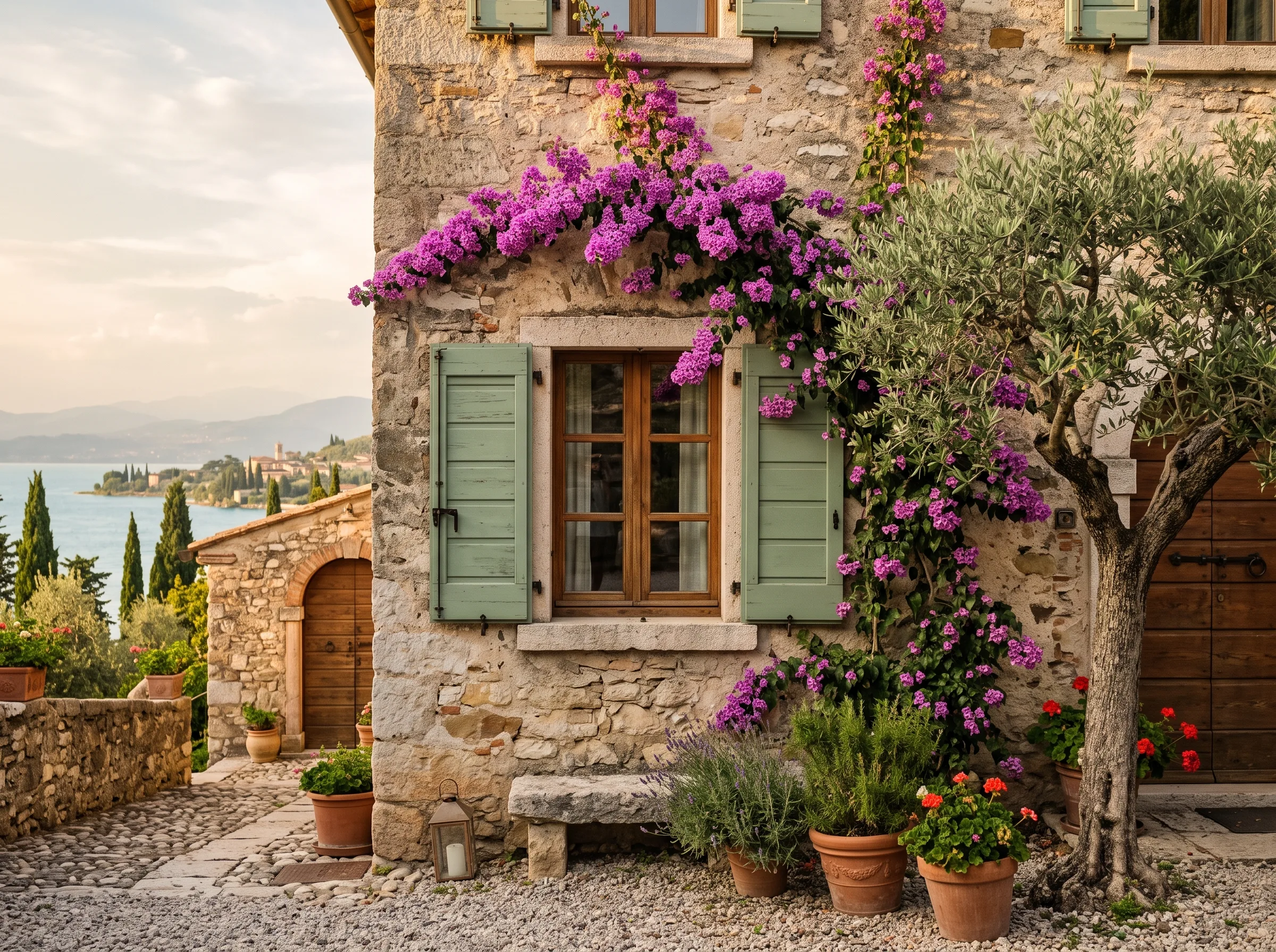 Casa in pietra con persiane verdi in Valtenesi